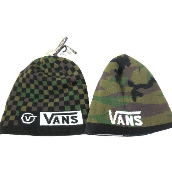Vans Men's Reversible Circle Tab Checkerboard Camouflage Logo Beanie Green NWT - Picture 1 of 4